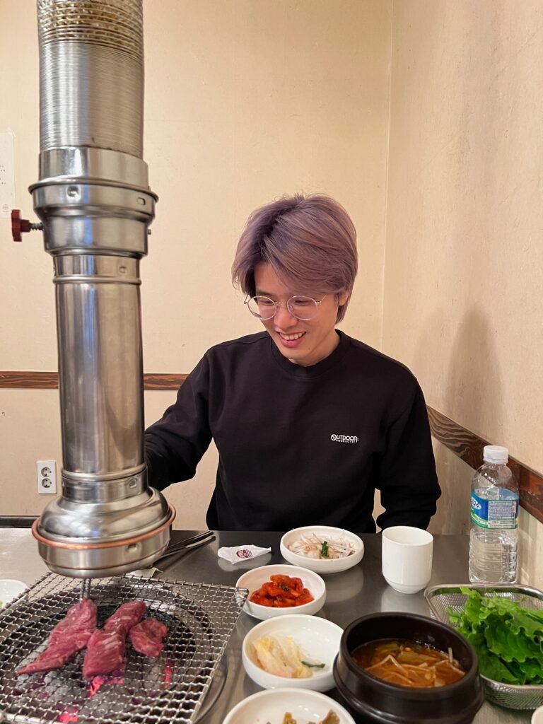 David, a local Korean travel expert, eating at a BBQ house in Jeju, solo bbq in korea